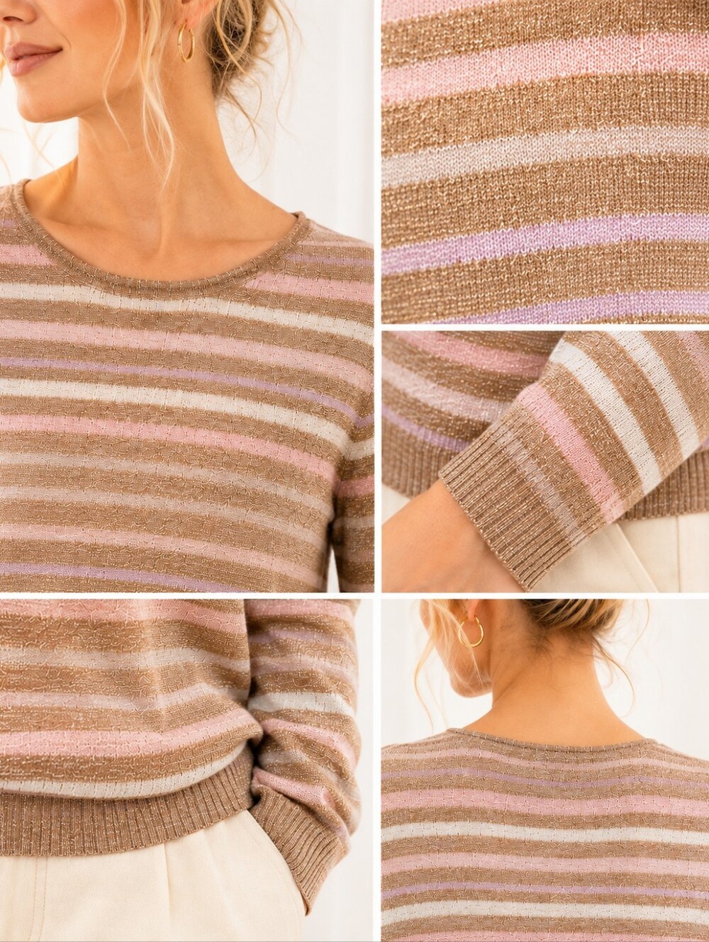 Liz Claiborne | Metallic Striped Knit Sweater Pink Gold Ivory | Size: XL - Picture 3 of 9